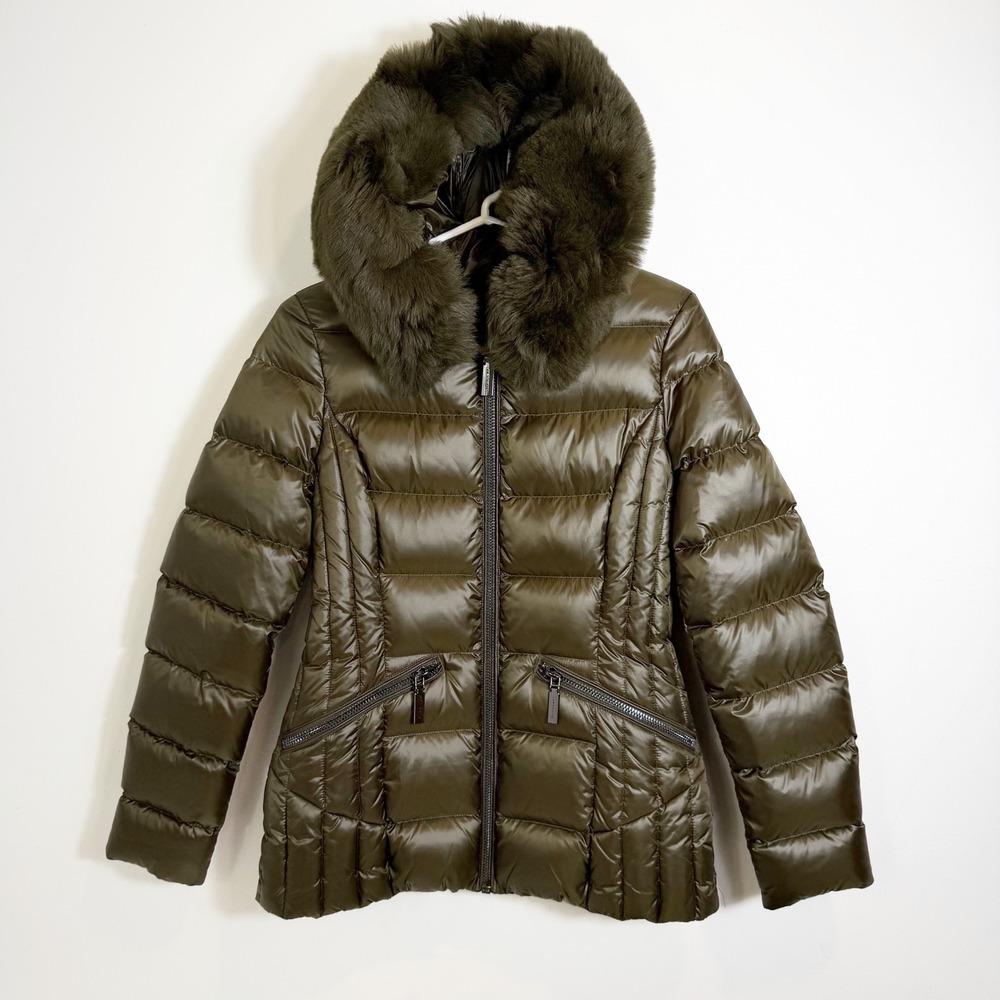 Dawn Levy Nikki Sherling Puffer Jacket Womens XS Olive Green Faux Fur Hood Coat